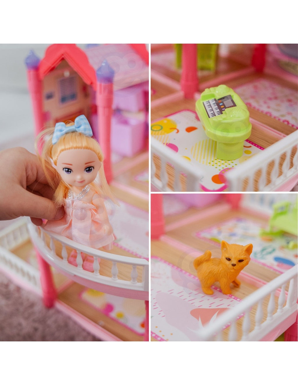 WOOPIE Princess Castle Villa kétszintes hercegnős babaház világító tornyokkal, bútorokkal és babával – 156 részes