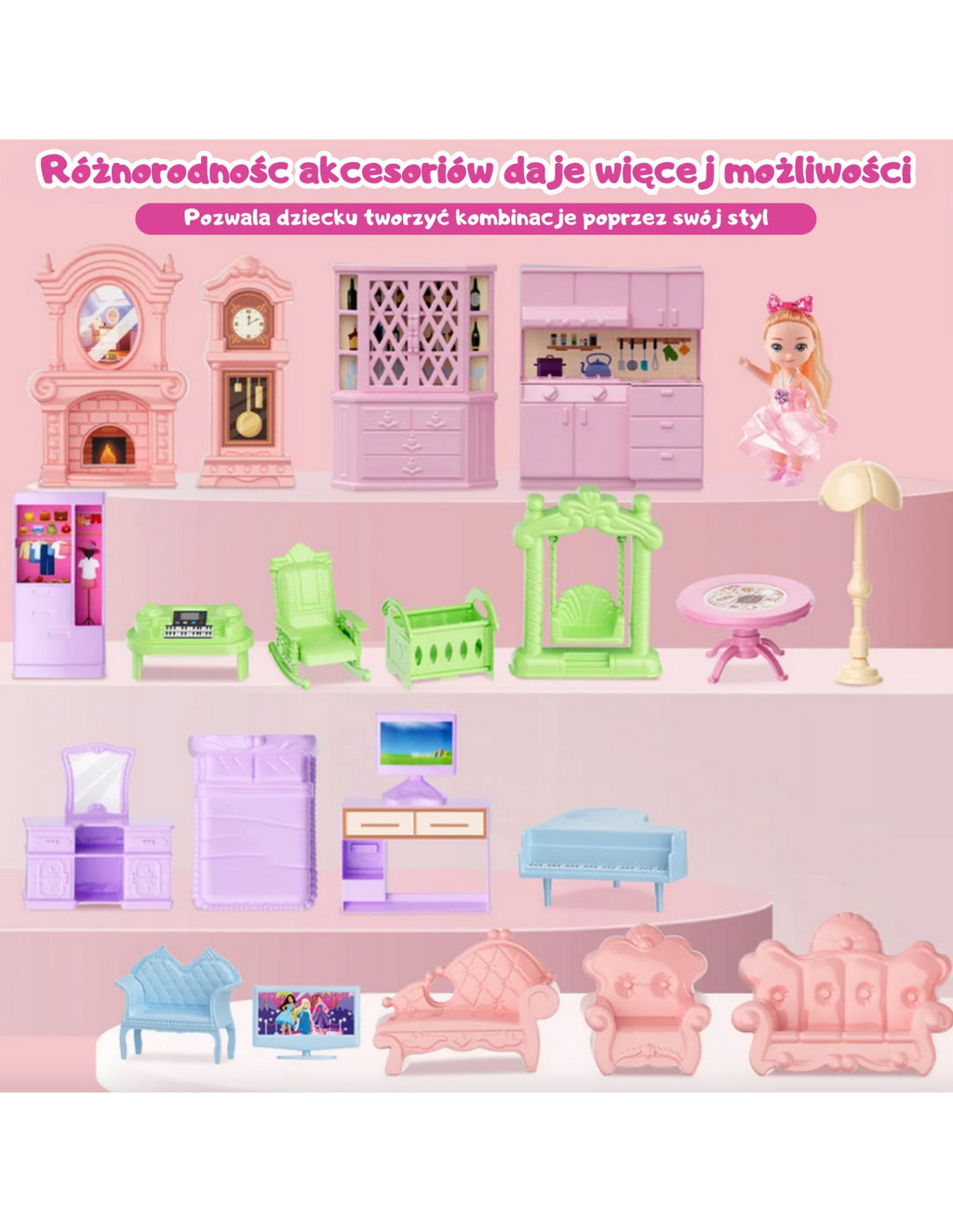 WOOPIE Princess Castle Villa kétszintes hercegnős babaház világító tornyokkal, bútorokkal és babával – 156 részes