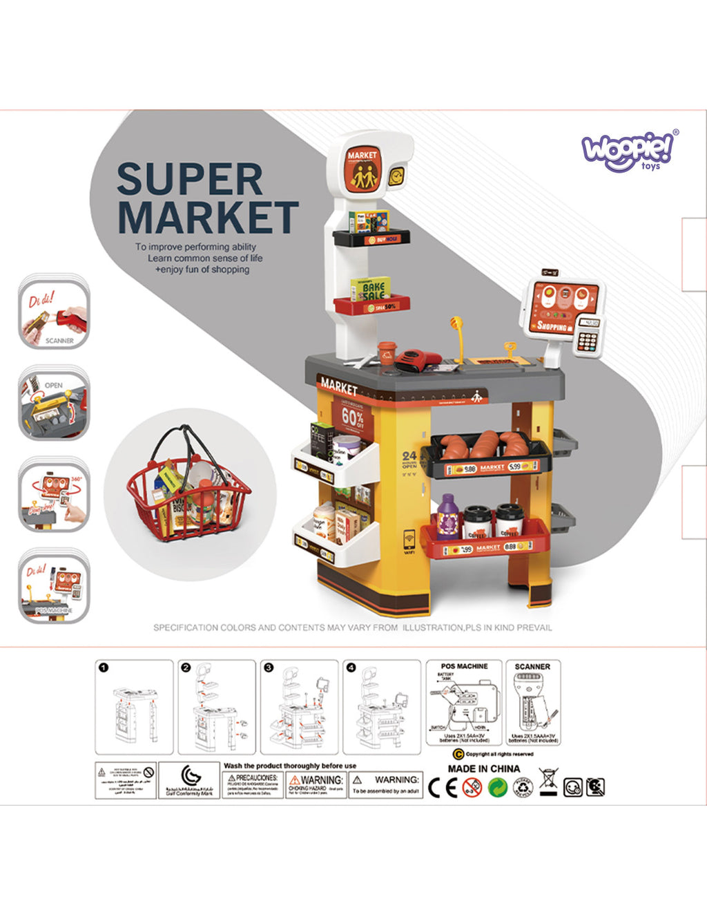 WOOPIE Interaktív játék szupermarket pénztárgéppel, bevásárlókosárral és 52 kiegészítővel
