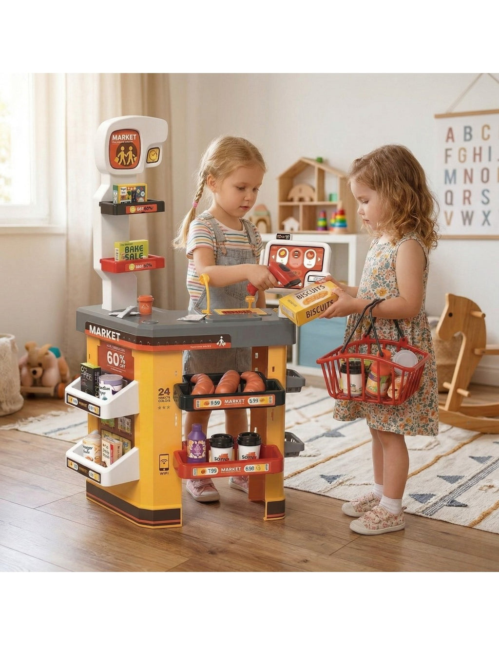WOOPIE Interaktív játék szupermarket pénztárgéppel, bevásárlókosárral és 52 kiegészítővel