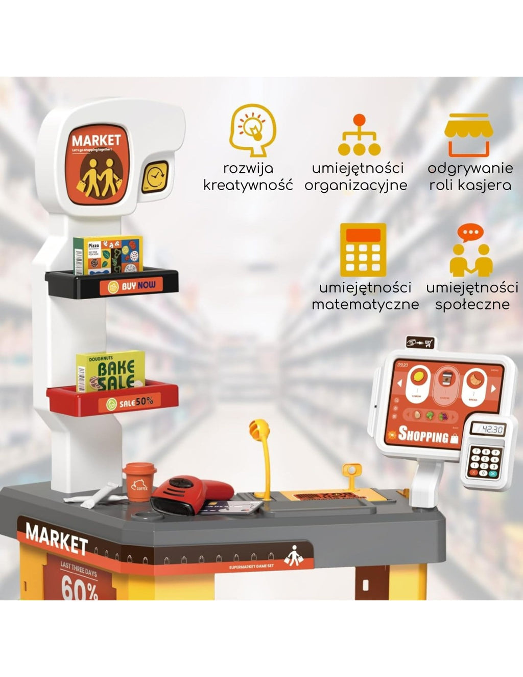 WOOPIE Interaktív játék szupermarket pénztárgéppel, bevásárlókosárral és 52 kiegészítővel