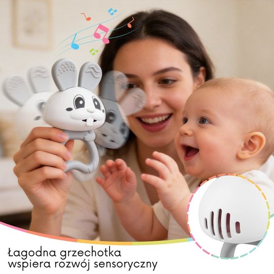 Mombella Bunny 2 az 1-ben szilikon rágóka és csörgő – Szürke, 3 hó+