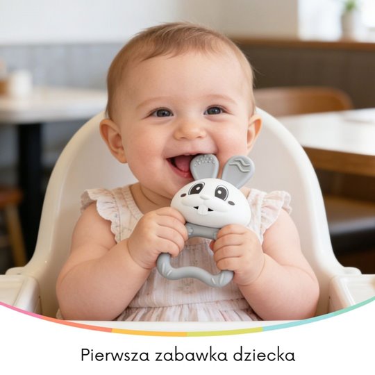 Mombella Bunny 2 az 1-ben szilikon rágóka és csörgő – Szürke, 3 hó+