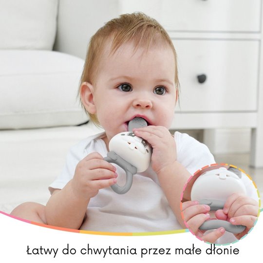 Mombella Bunny 2 az 1-ben szilikon rágóka és csörgő – Szürke, 3 hó+
