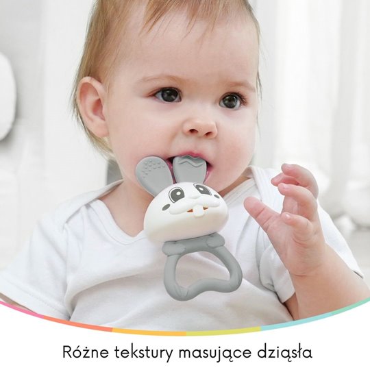 Mombella Bunny 2 az 1-ben szilikon rágóka és csörgő – Szürke, 3 hó+
