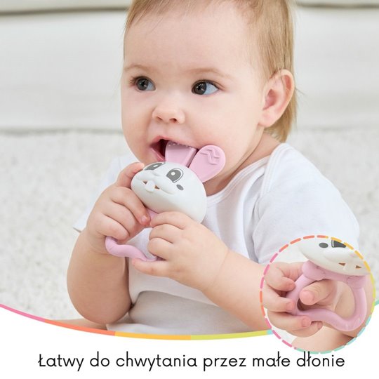 Mombella Bunny 2 az 1-ben szilikon rágóka és csörgő – Rózsaszín, 3 hó+