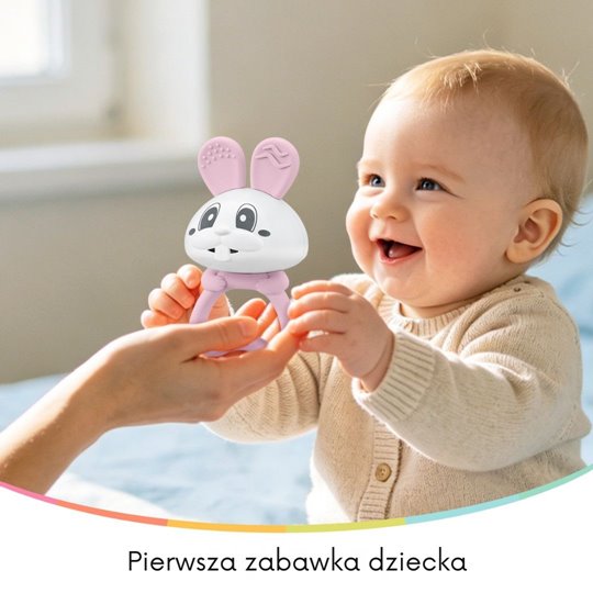 Mombella Bunny 2 az 1-ben szilikon rágóka és csörgő – Rózsaszín, 3 hó+