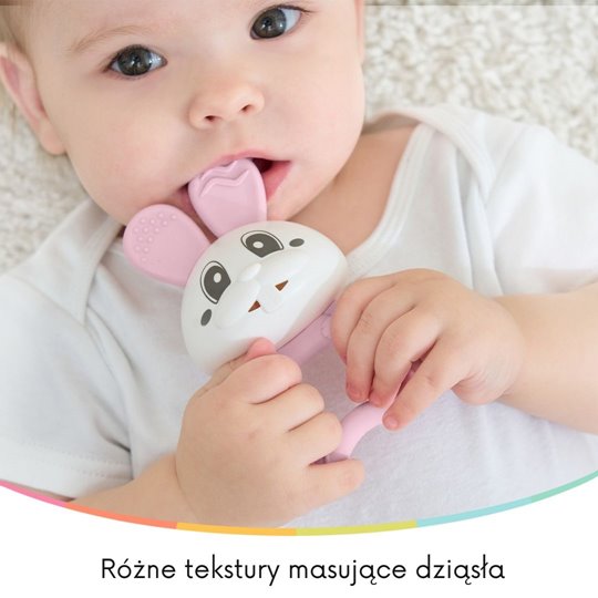 Mombella Bunny 2 az 1-ben szilikon rágóka és csörgő – Rózsaszín, 3 hó+