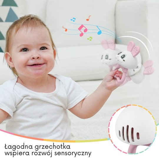 Mombella Bunny 2 az 1-ben szilikon rágóka és csörgő – Rózsaszín, 3 hó+