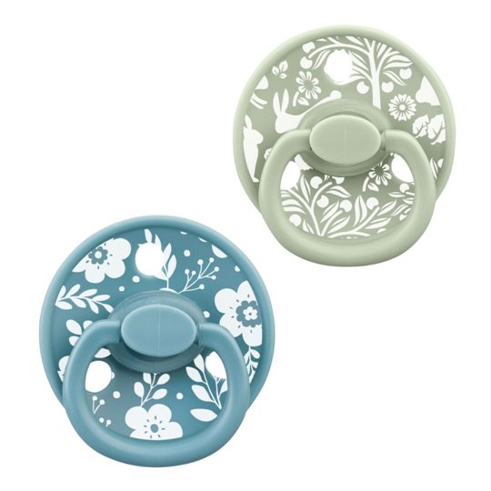Mombella Fancy szimmetrikus szilikon cumi 2 db-os szett cumitartó pánttal – Nile Blue/Swamp, 0 hó+