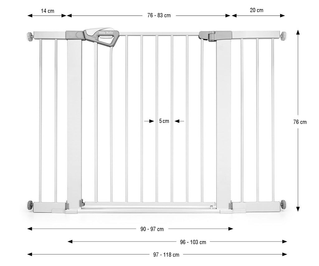 Milly Mally Guardy biztonsági gyerekrács bővítőkkel 76–118 cm – Fehér