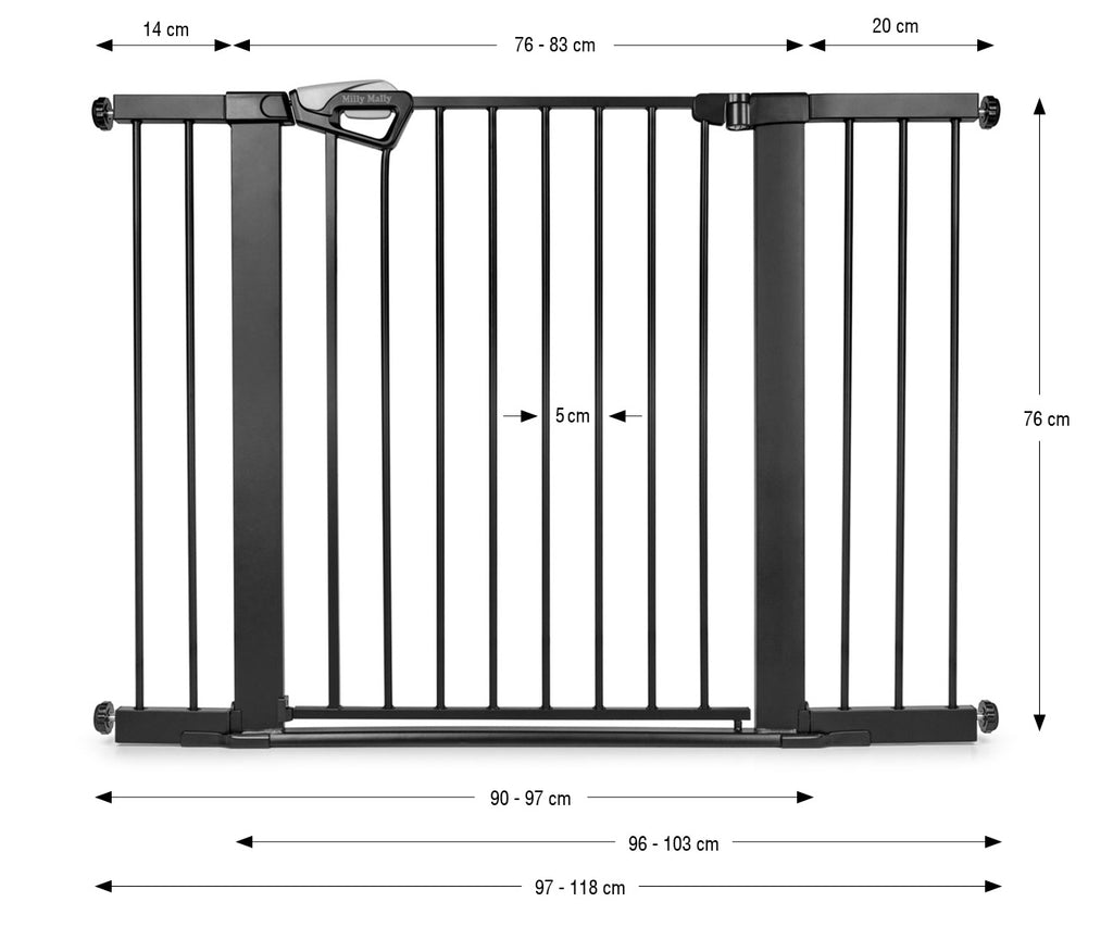 Milly Mally Guardy biztonsági gyerekrács bővítőkkel 76–118 cm – Fekete