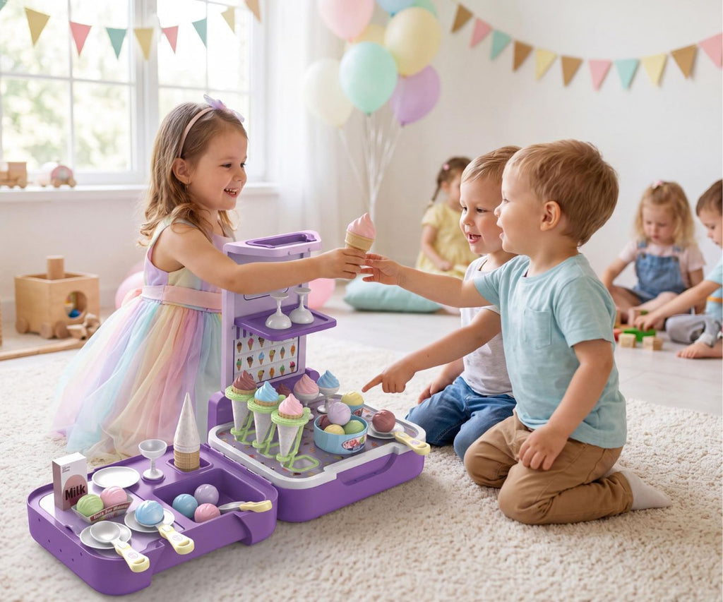TinyMini játék fagyizó és boltos szett bőröndben – lila-fehér