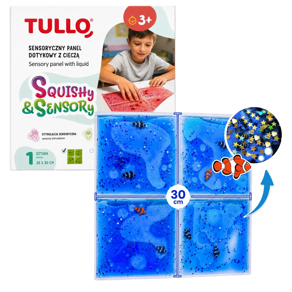 Tullo - Folyadékos szenzoros tapintópanel állatfigurákkal - 30 × 30 cm - Kék