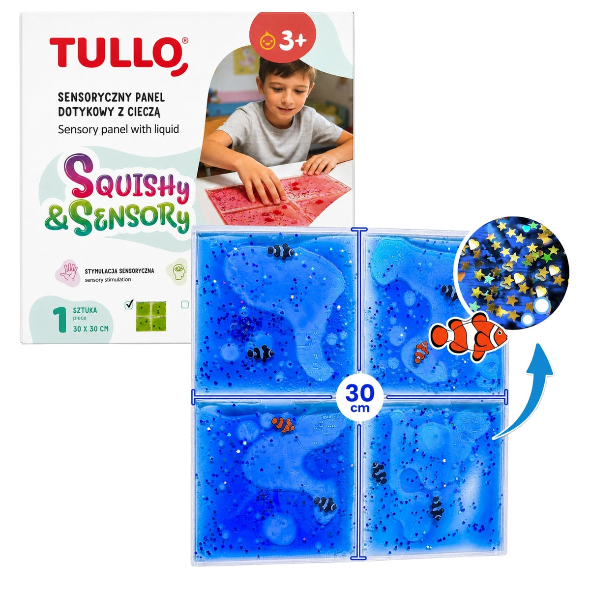 Tullo - Folyadékos szenzoros tapintópanel állatfigurákkal - 30 × 30 cm - Kék