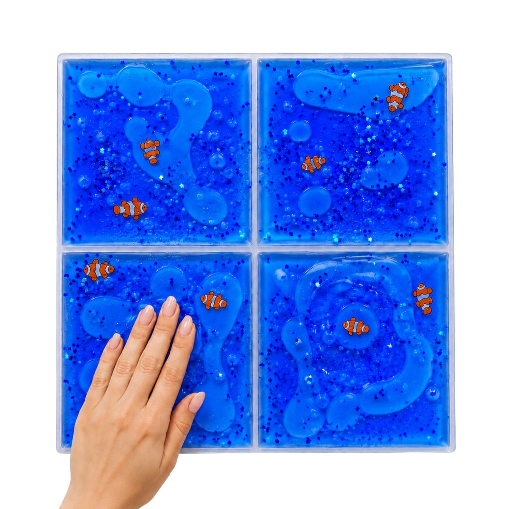 Tullo - Folyadékos szenzoros tapintópanel állatfigurákkal - 30 × 30 cm - Kék