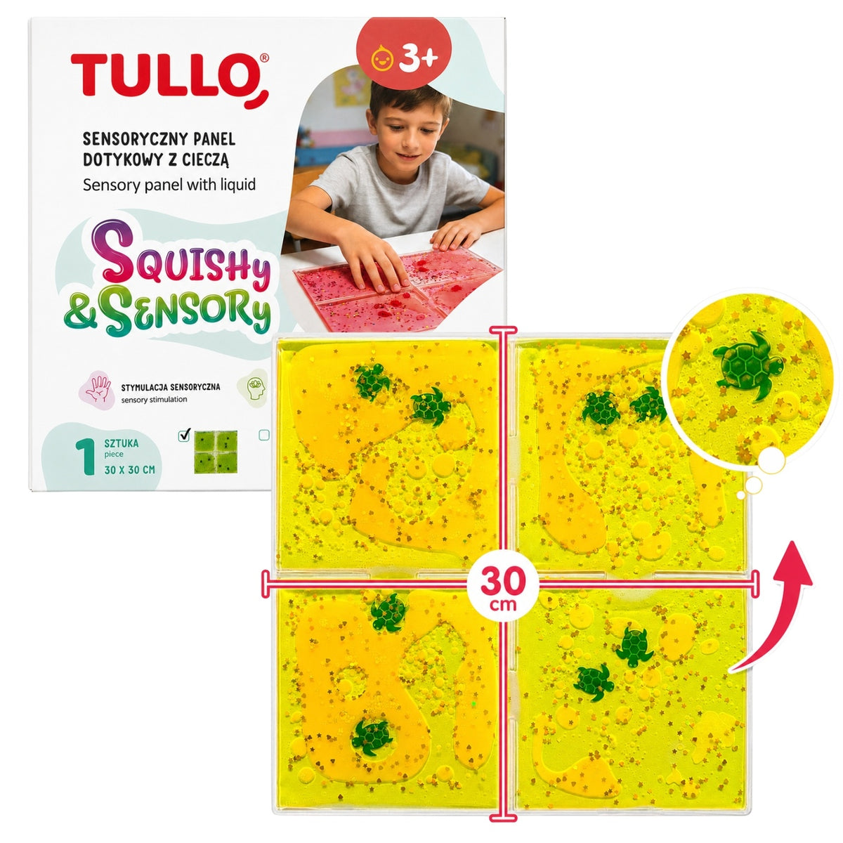Tullo - Folyadékos szenzoros tapintópanel állatfigurákkal - 30 × 30 cm - Sárga