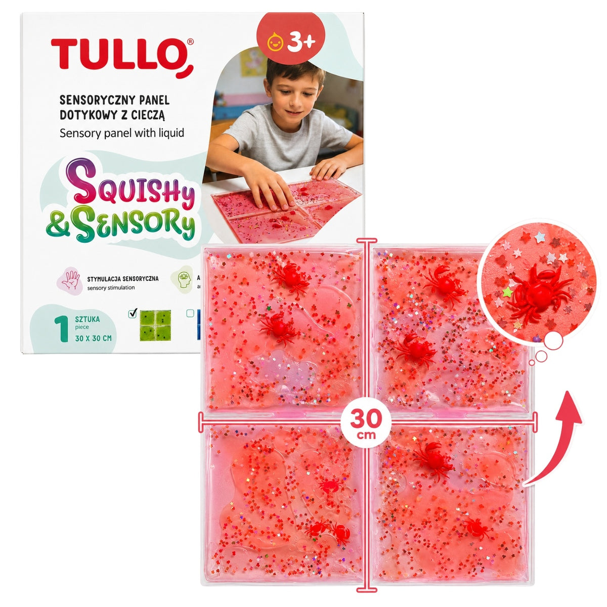 Tullo - Folyadékos szenzoros tapintópanel állatfigurákkal - 30 × 30 cm - Piros