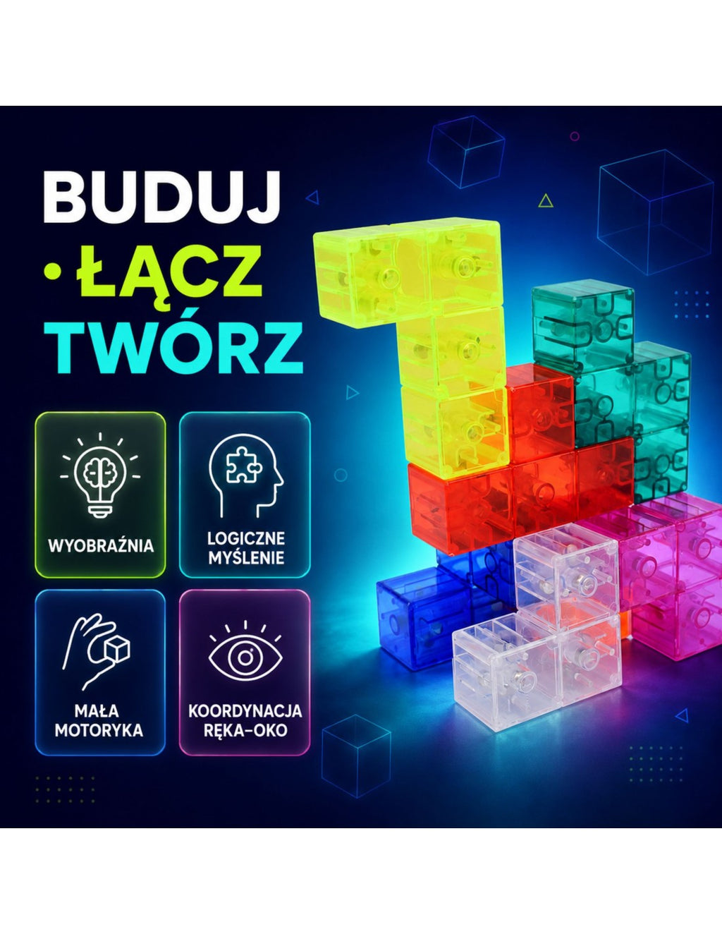 WOOPIE Tetris típusú mágneses logikai építőjáték – Átlátszó, színes, 7 részes