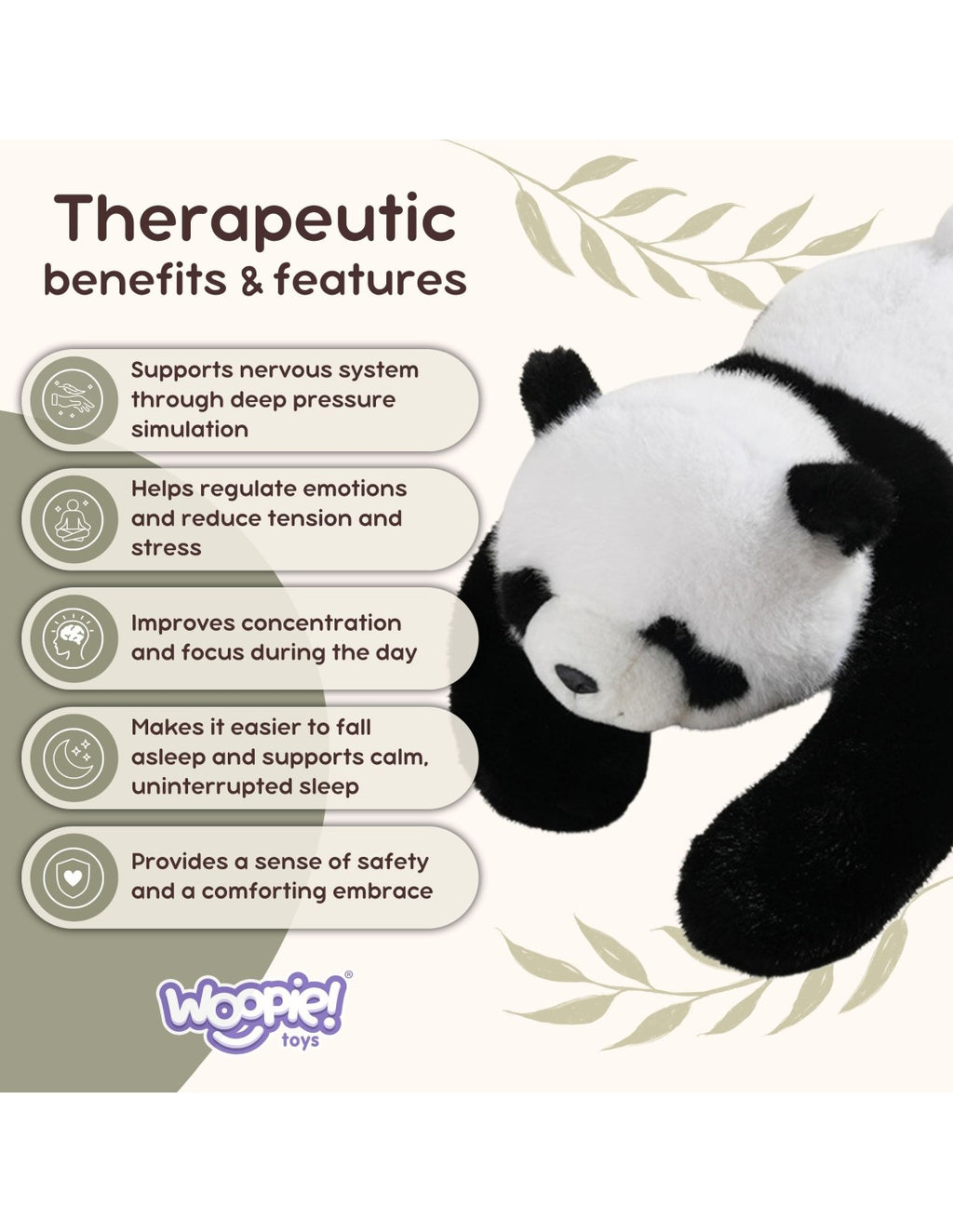 WOOPIE stresszoldó súlyozott plüss panda – 65 cm, 1 kg