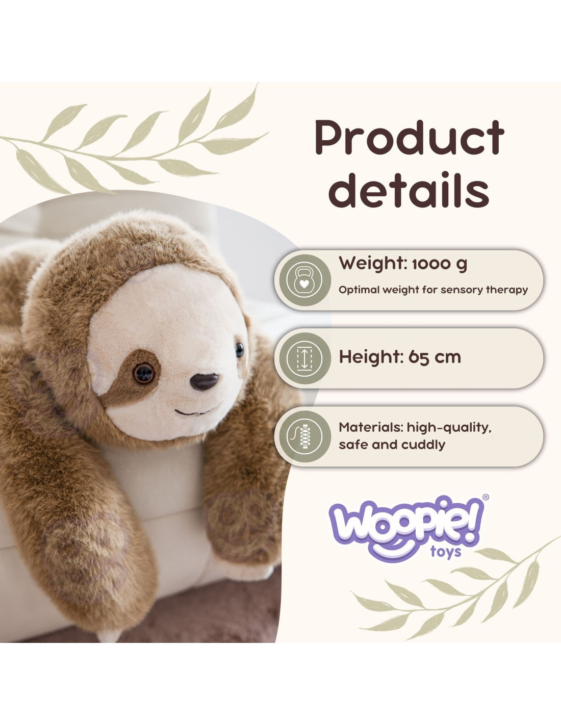 WOOPIE stresszoldó súlyozott plüss lajhár – 65 cm, 1 kg