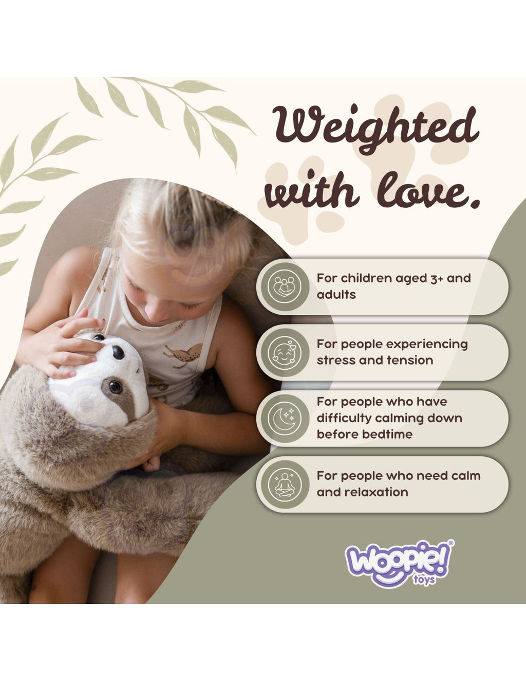 WOOPIE stresszoldó súlyozott plüss lajhár – 65 cm, 1 kg