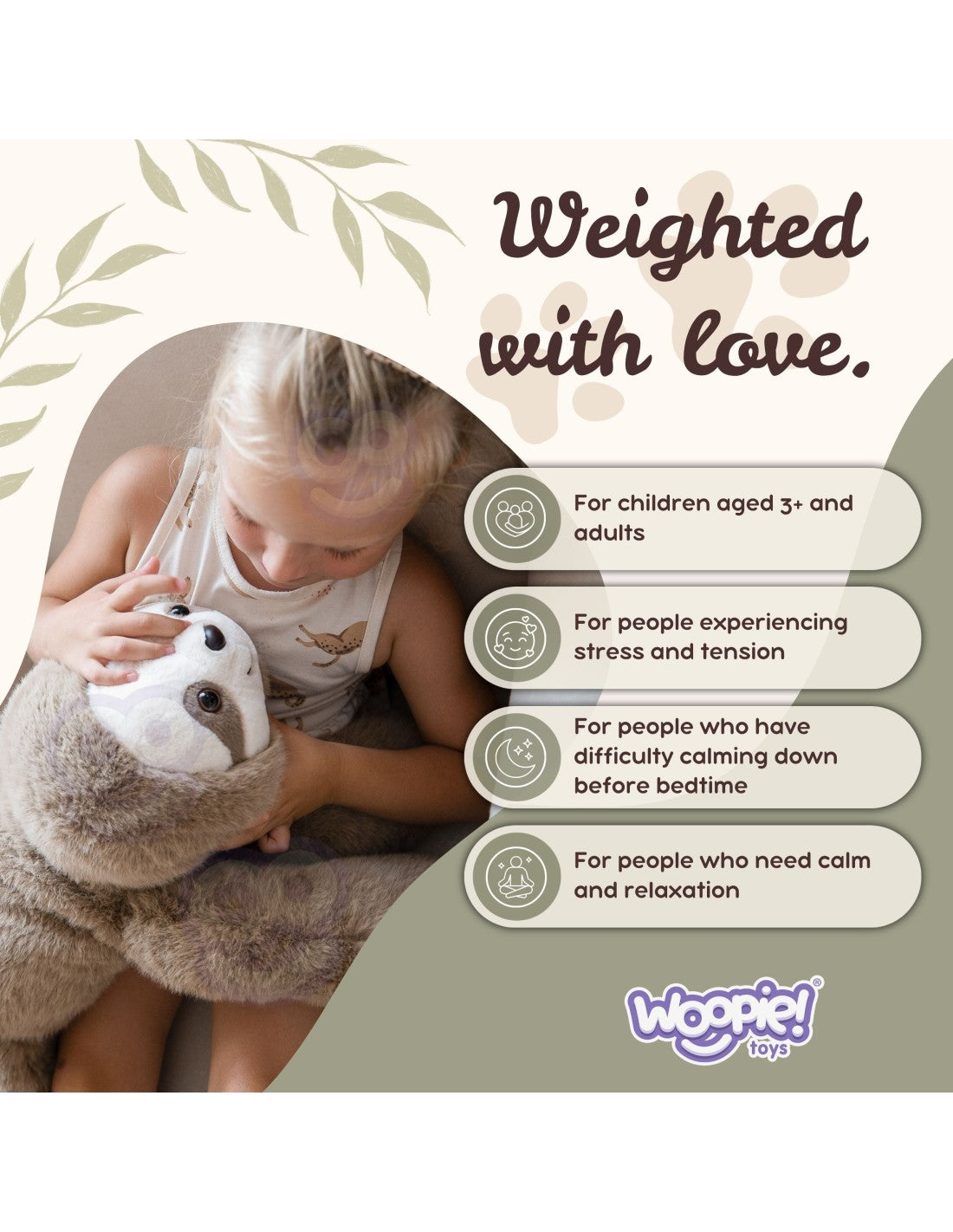 WOOPIE stresszoldó súlyozott plüss lajhár – 65 cm, 1 kg