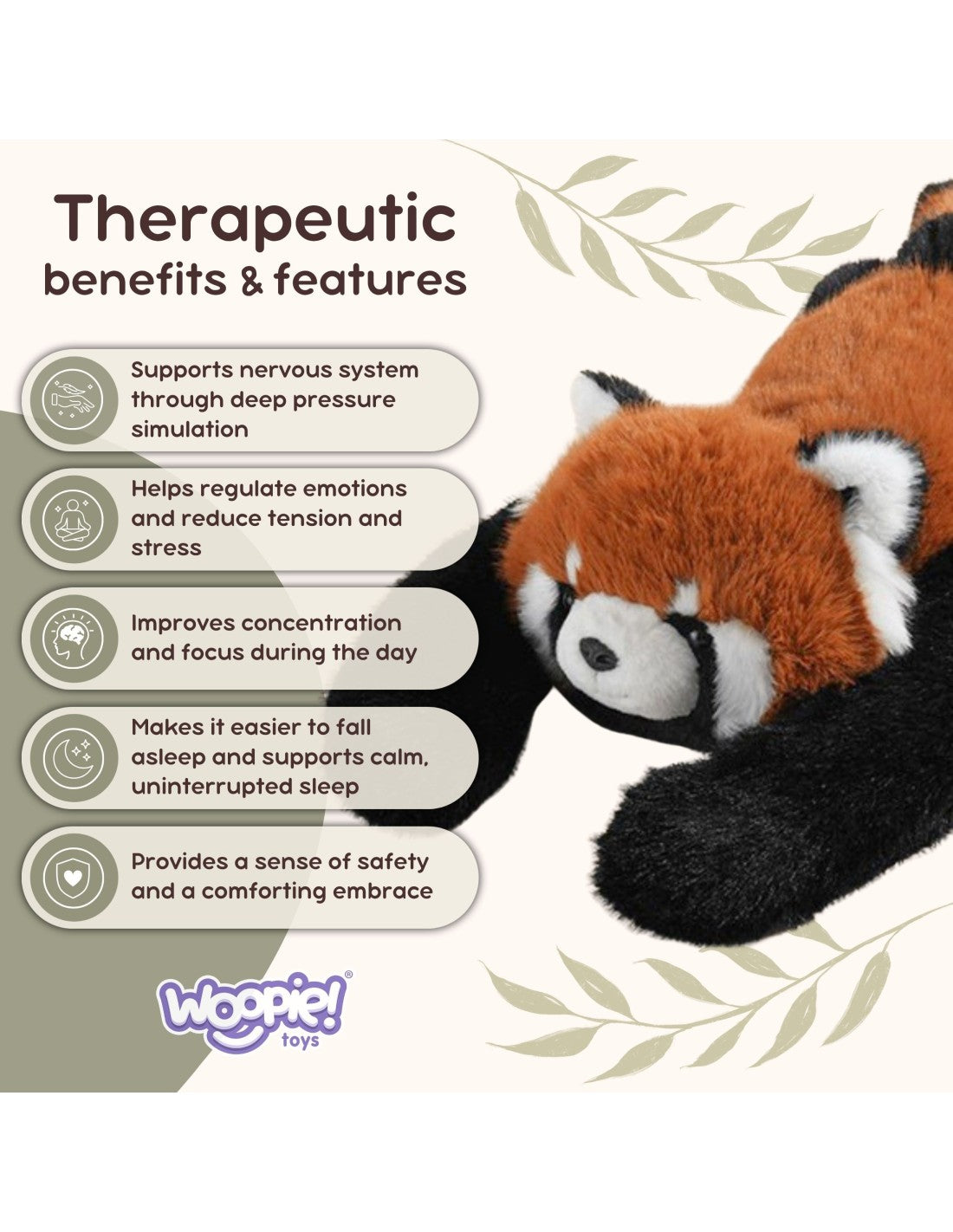 WOOPIE stresszoldó súlyozott plüss vörös panda – 65 cm, 1,5 kg