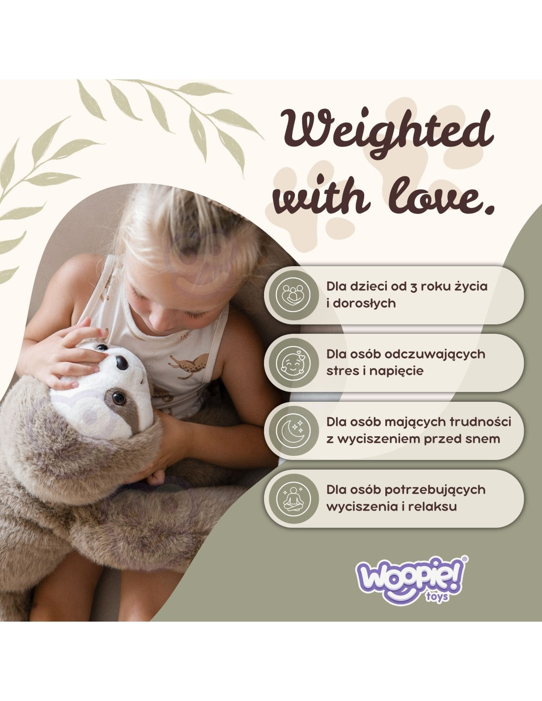 WOOPIE stresszoldó súlyozott plüss lajhár – 65 cm, 2,5 kg