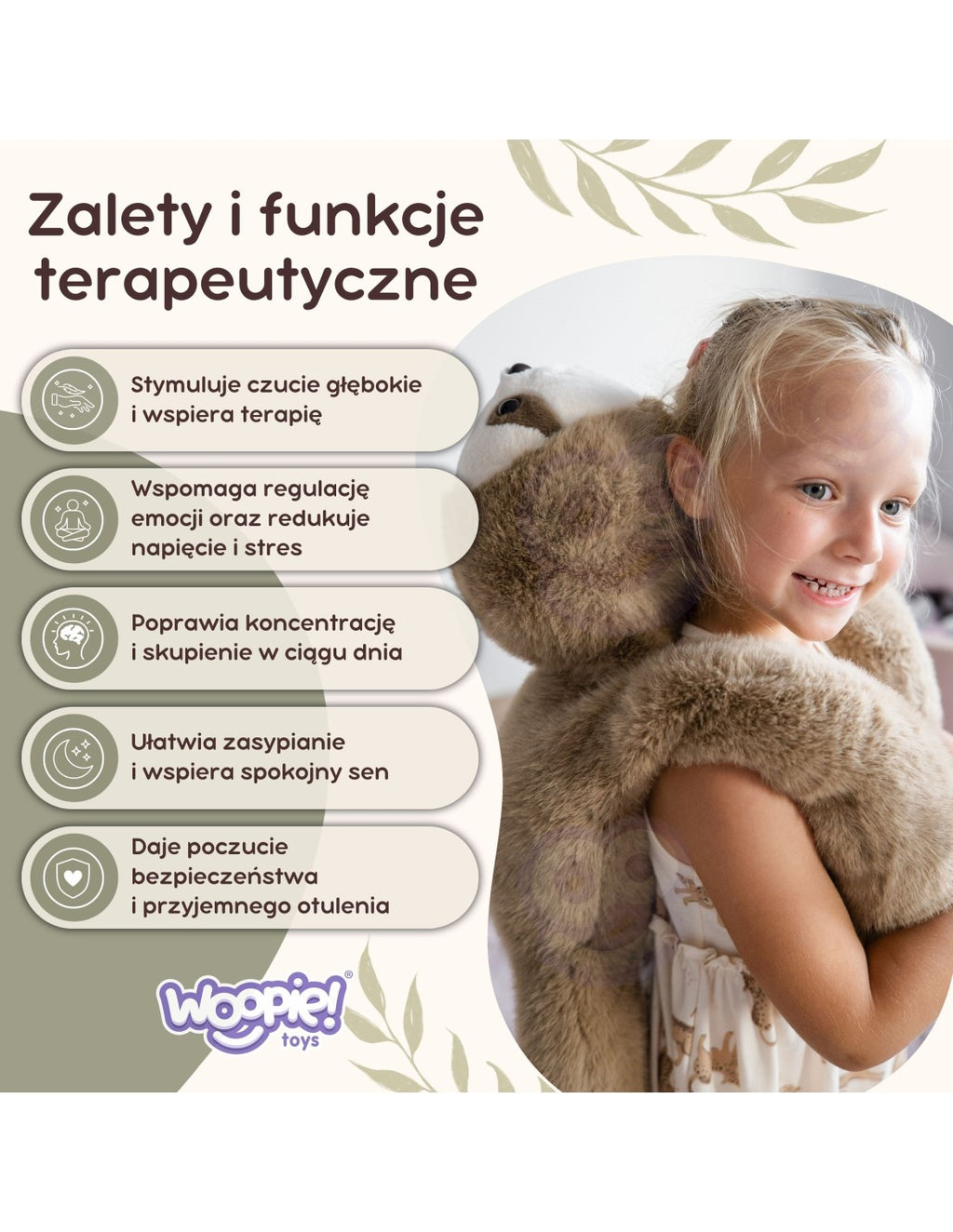 WOOPIE stresszoldó súlyozott plüss lajhár – 65 cm, 2,5 kg
