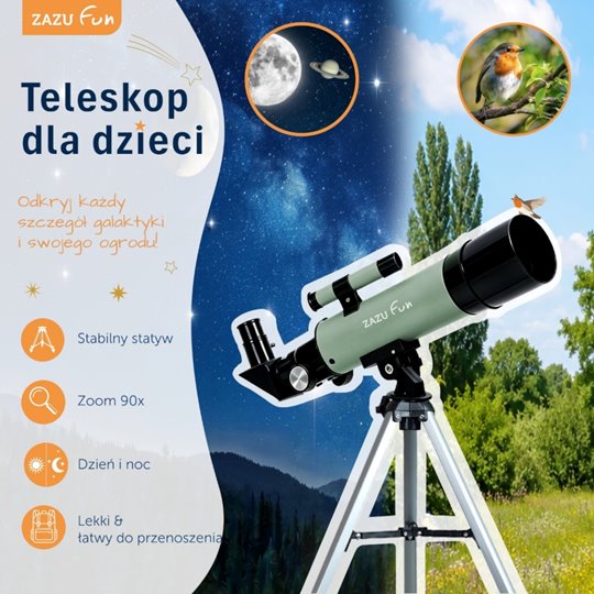 ZAZU Fun gyerek csillagászati távcső állvánnyal, 90× nagyítással – Zsályazöld