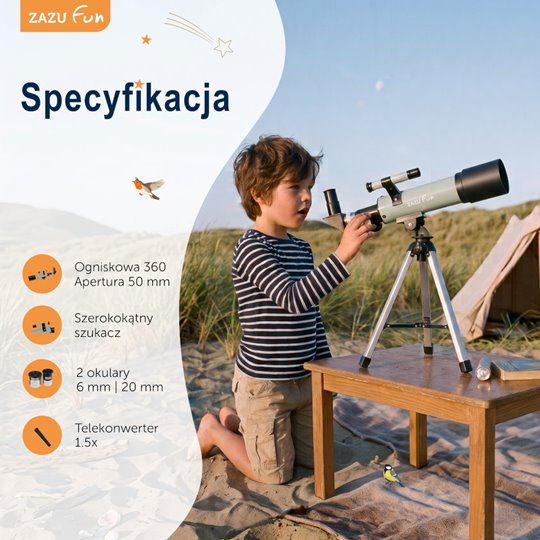 ZAZU Fun gyerek csillagászati távcső állvánnyal, 90× nagyítással – Zsályazöld