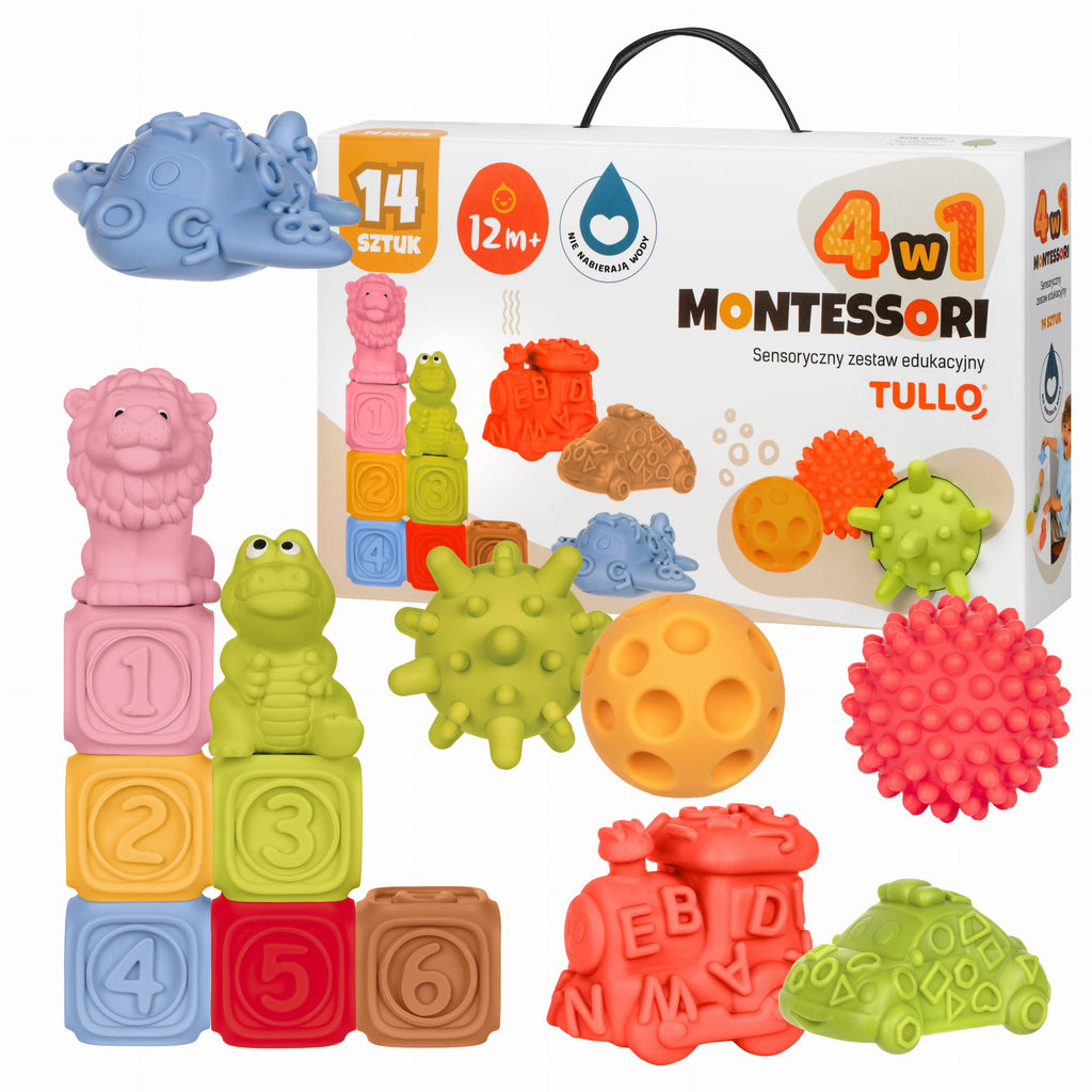 Tullo - Montessori szenzoros fejlesztőjáték szett építőkockákkal, járművekkel, labdákkal és állatfigurákkal - 14 db