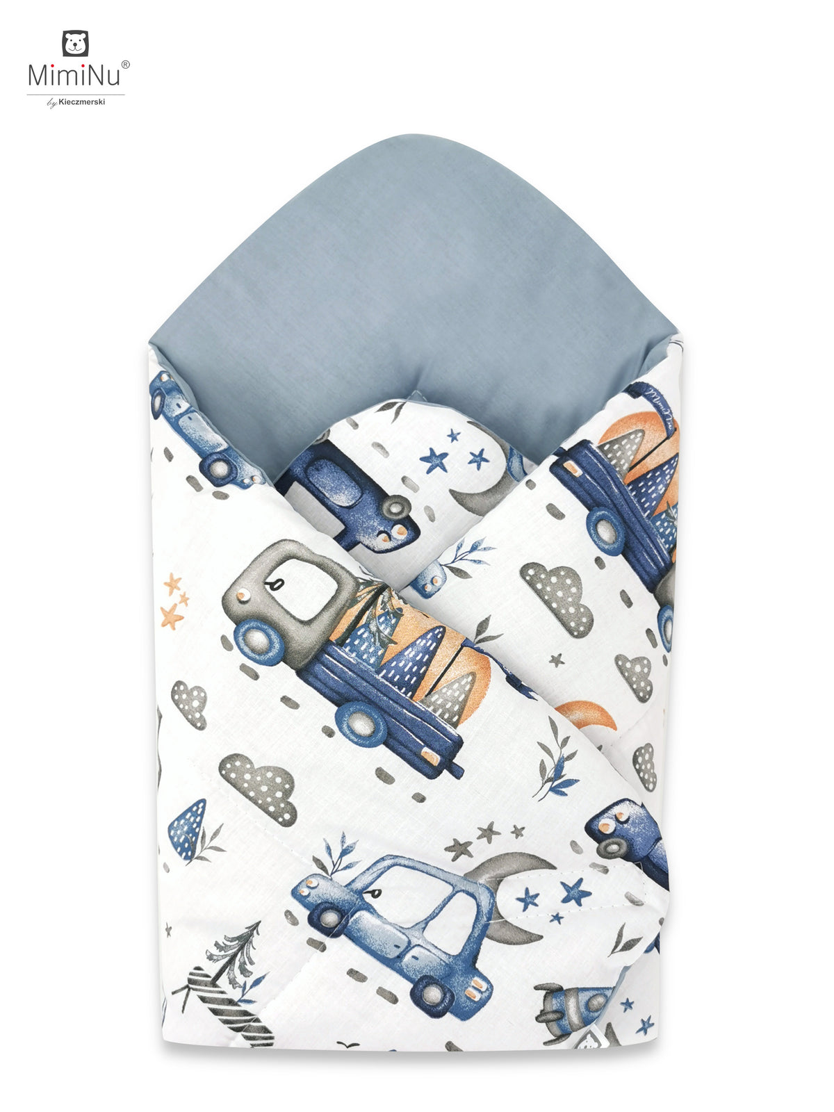 MIMINU Design merevített babapólya 75 × 75 cm – Kék autómintás