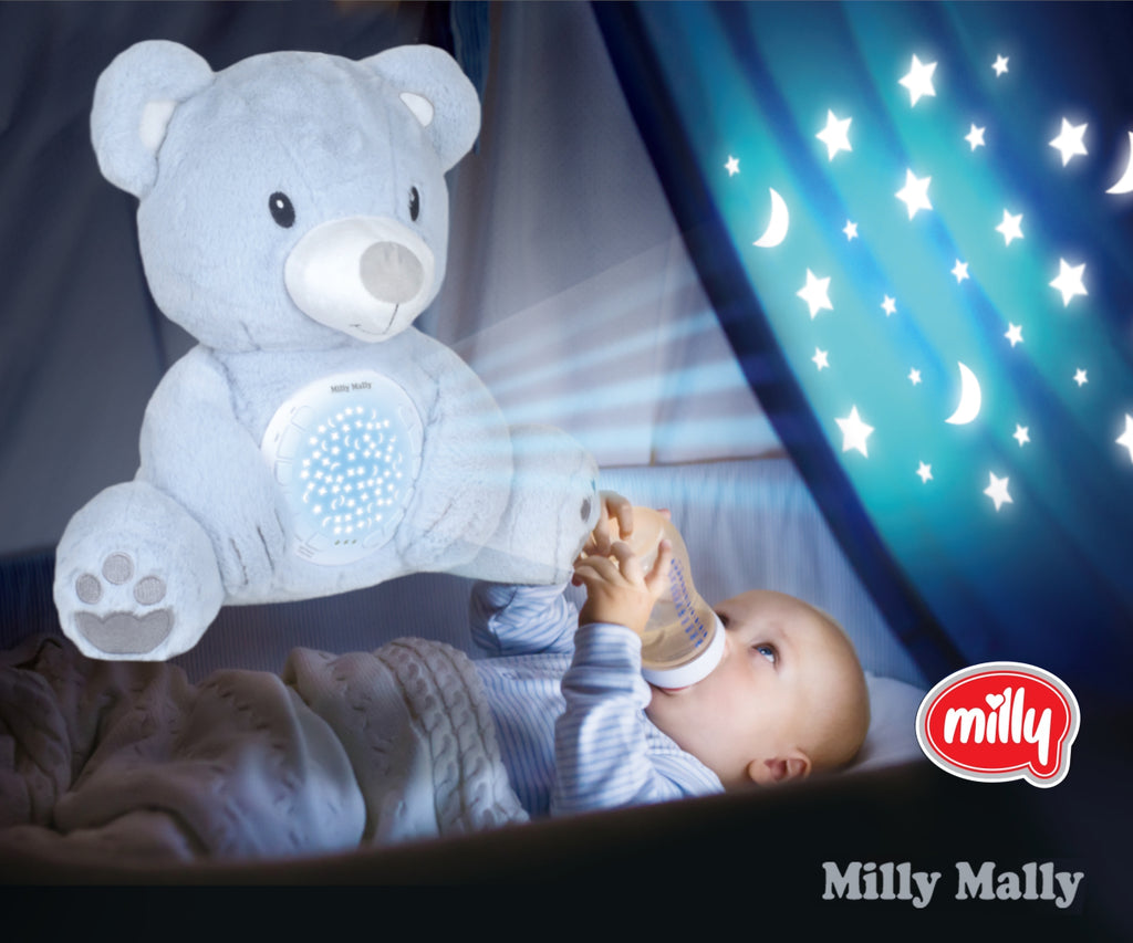 Milly Mally kék plüss maci csillagfény-projektorral és altatódallamokkal