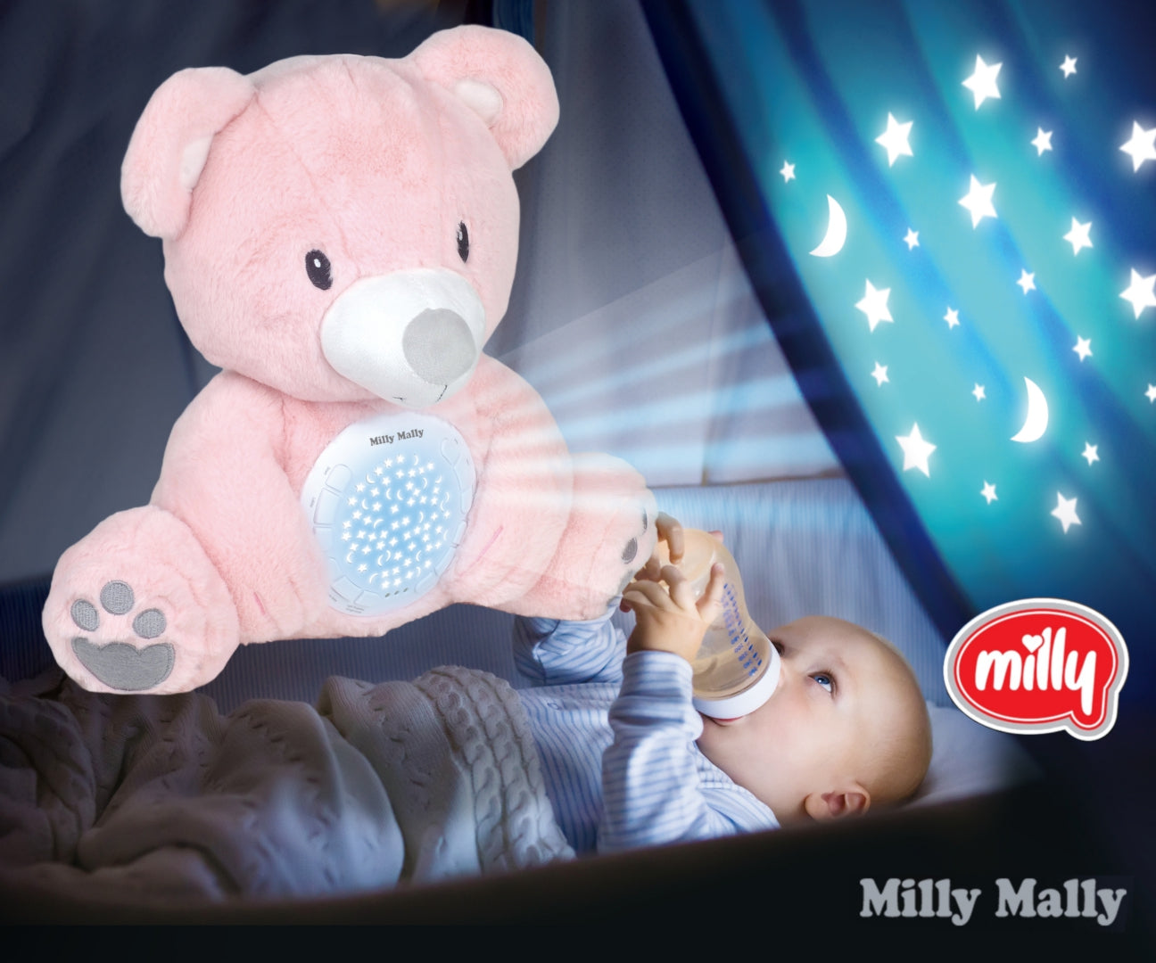 Milly Mally rózsaszín plüss maci csillagfény-projektorral és altatódallamokkal