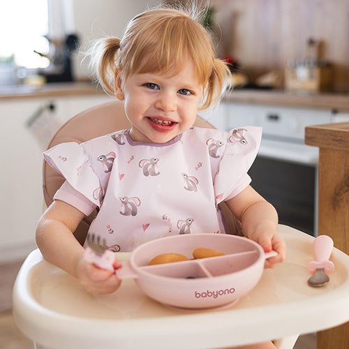 BabyOno szilikon osztott tányér tapadókoronggal és fedővel rózsaszín 6h+