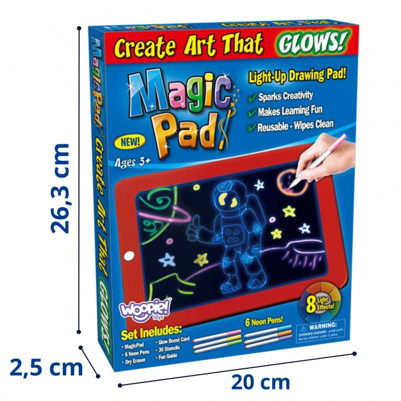 WOOPIE Magic világító LED rajztábla neon filctollakkal, 8 fényhatással és 15 kétoldalas sablonnal