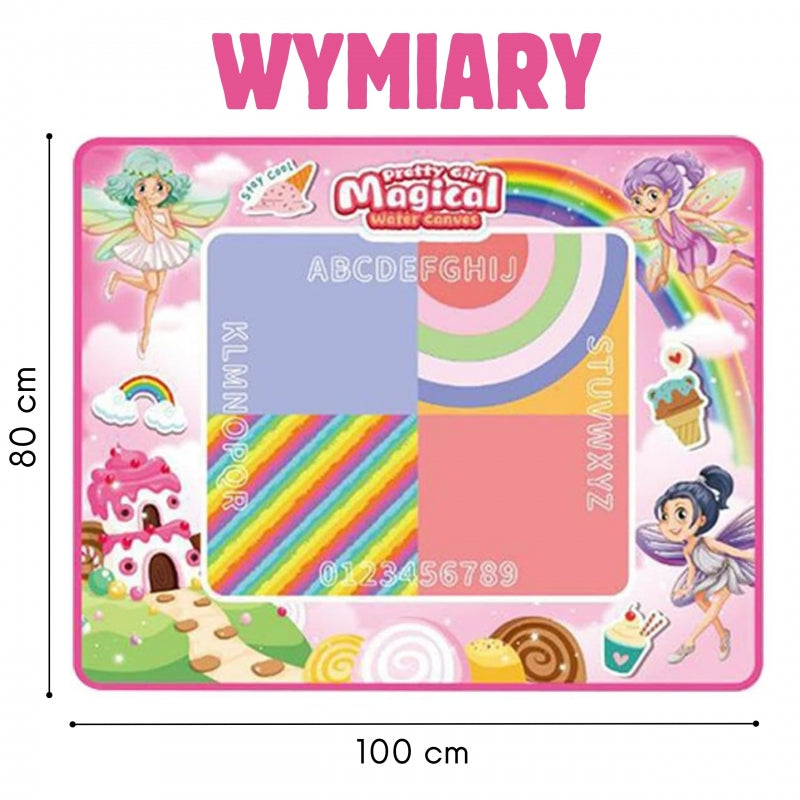 WOOPIE Rózsaszín, tündéres vízzel rajzoló szőnyeg 6 víztollal, pecsétekkel és sablonokkal – 100 × 80 cm