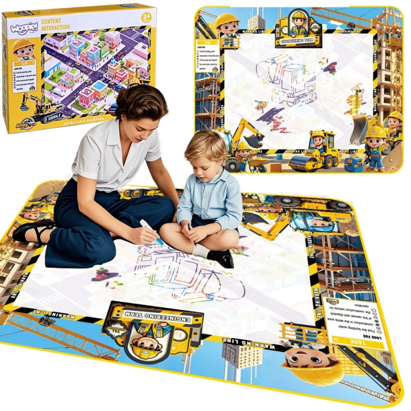 WOOPIE Színes vízzel rajzoló szőnyeg kisautóval, 3 víztollal, pecsétekkel és sablonokkal – 100 × 80 cm