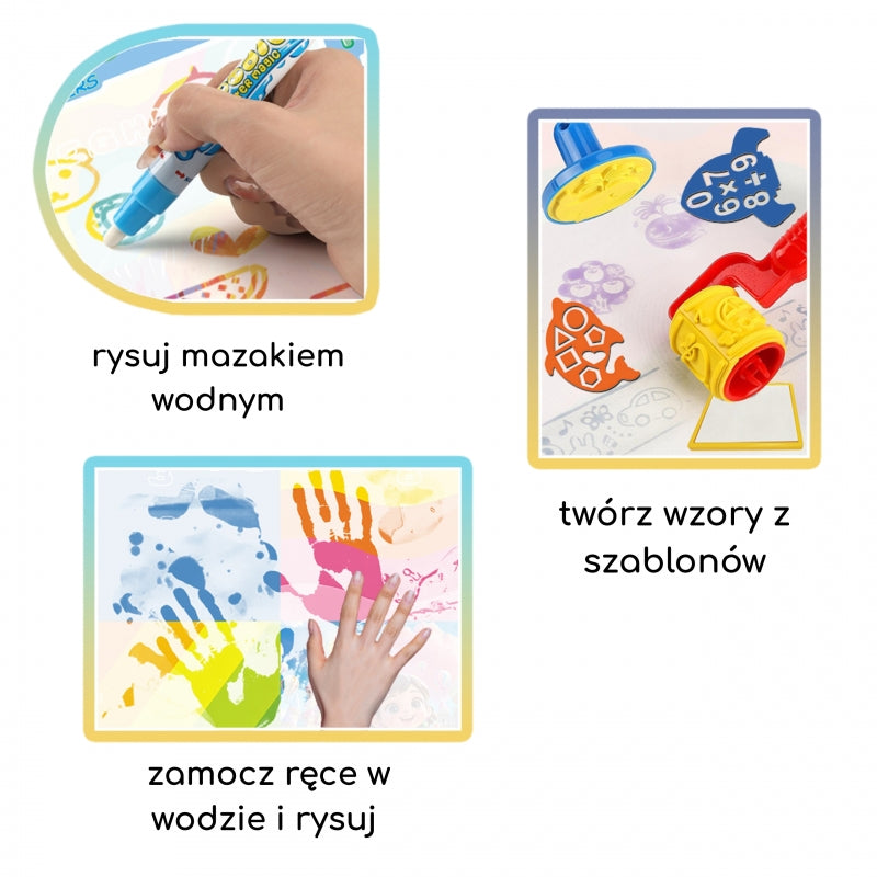 WOOPIE Színes vízzel rajzoló szőnyeg kisautóval, 3 víztollal, pecsétekkel és sablonokkal – 100 × 80 cm