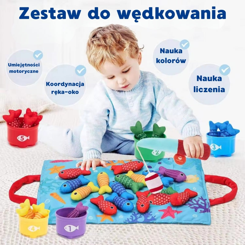 WOOPIE Horgászós készségfejlesztő és számolástanító játék plüsshalakkal, 2 az 1-ben tárolószőnyeggel – 6 hó+