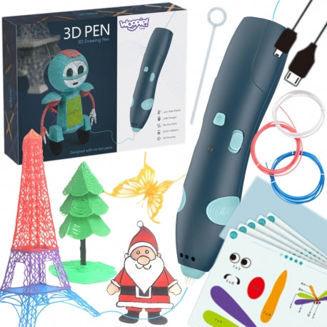 WOOPIE 3D rajztoll USB-töltéssel, 10 sablonnal és 3 színes filamenttel – 6 méter töltőanyaggal