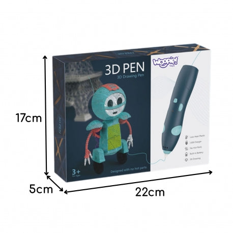 WOOPIE 3D rajztoll USB-töltéssel, 10 sablonnal és 3 színes filamenttel – 6 méter töltőanyaggal