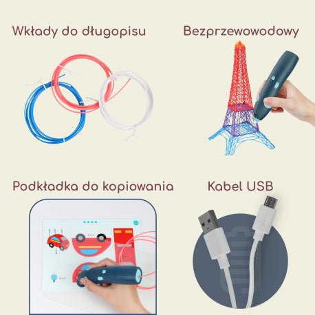 WOOPIE 3D rajztoll USB-töltéssel, 10 sablonnal és 3 színes filamenttel – 6 méter töltőanyaggal