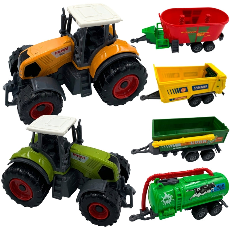 WOOPIE Mini Farm mezőgazdasági játékjármű-készlet 2 fém traktorral és 4 pótkocsival – 6 részes