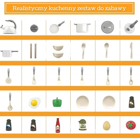 WOOPIE Játék konyhai eszközkészlet edényekkel, serpenyővel és játékételekkel – 16 részes