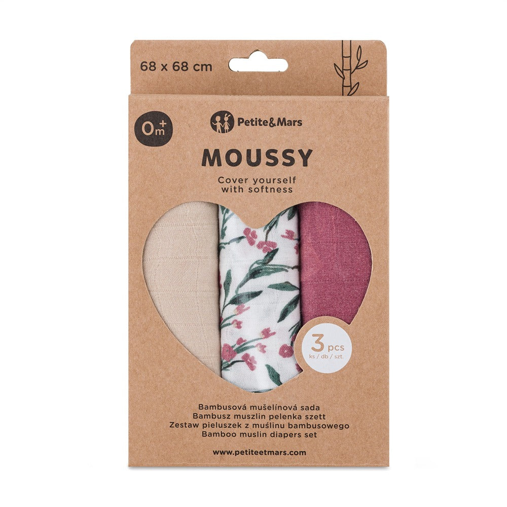 PETITE&MARS bambusz muszlin pelenka, 3 db, 68 × 68 cm – Pink Meadow