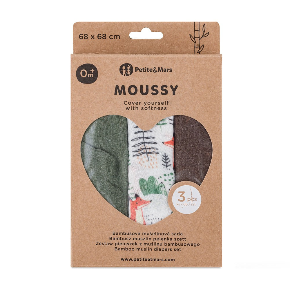 PETITE&MARS bambusz muszlin textilpelenka szett 3 db 68x68 cm – Forest Fox