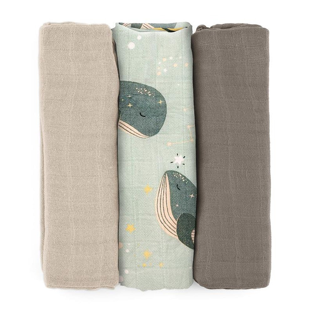 PETITE&MARS bambusz muszlin pelenka, 3 db, 68 × 68 cm – Whale Song